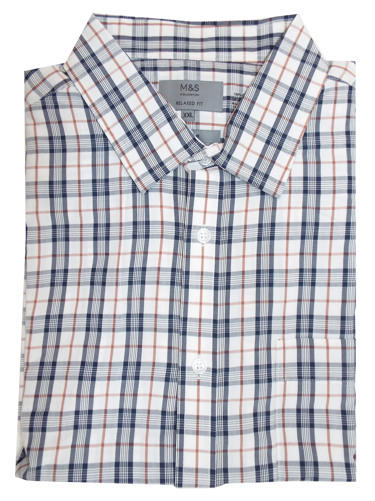 Marks And Spencer Mand5 White Mens Pure Cotton Relaxed Fit Checked Short Sleeve Shirt Size
