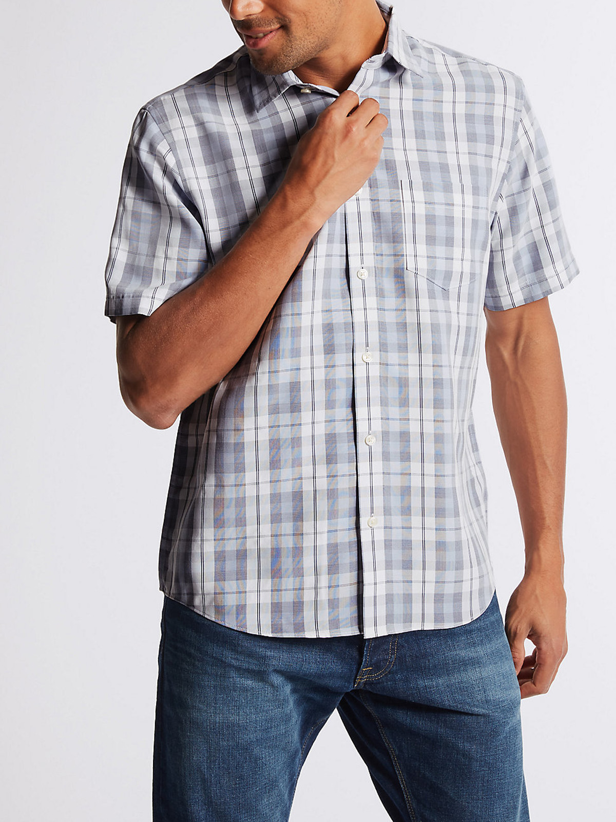 Marks and Spencer - - M&5 WHITE Mens Pure Cotton Checked Short Sleeve ...