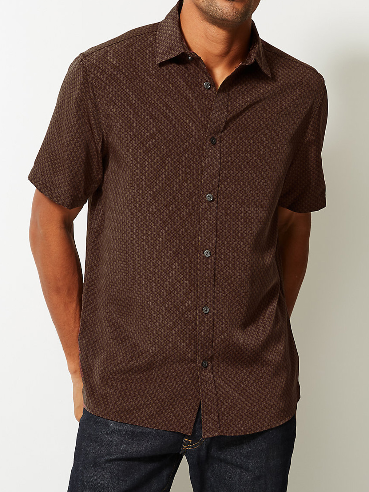 Marks and Spencer - - M&5 BROWN Mens Pure Cotton Geo Print Short Sleeve