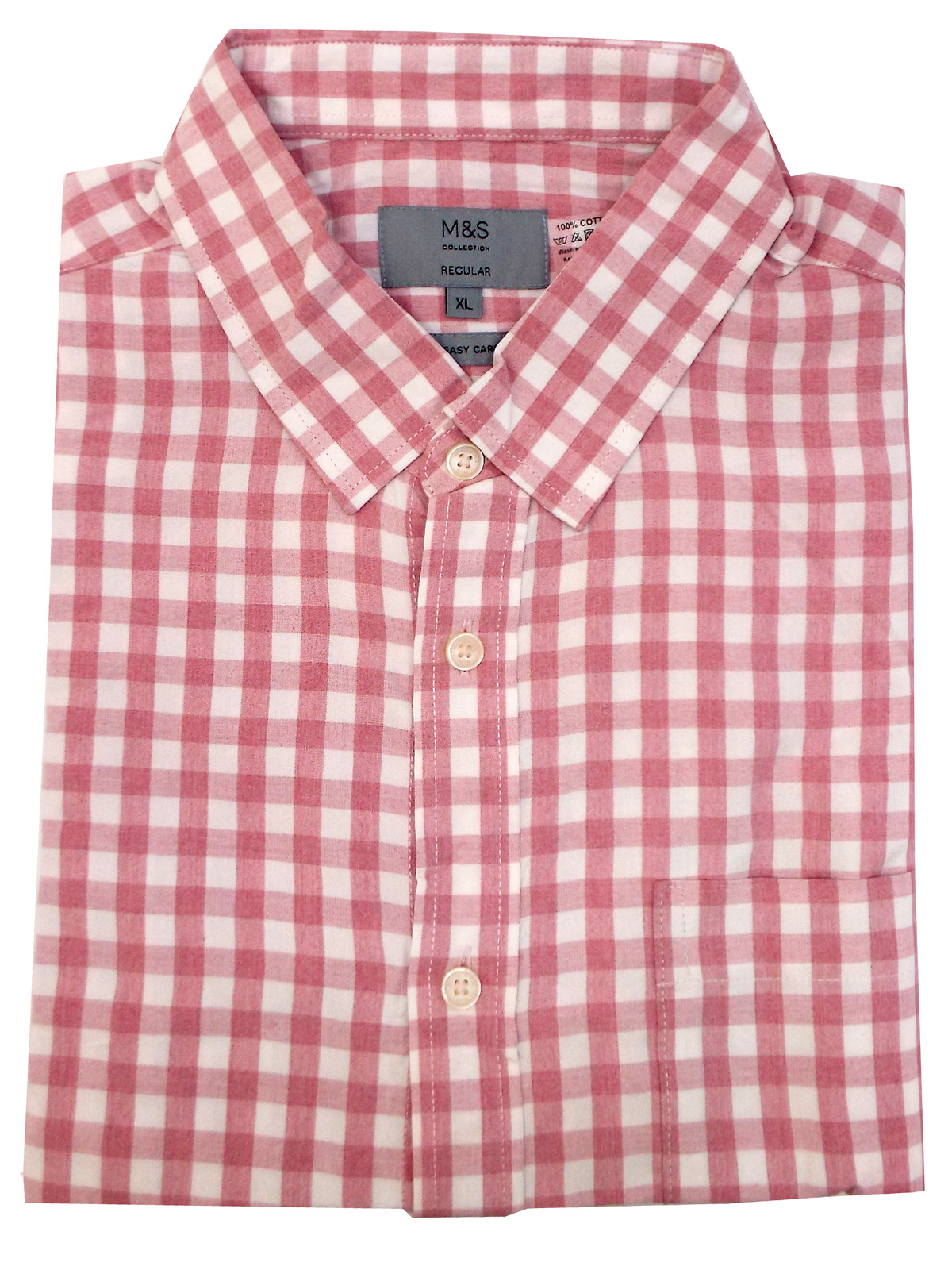 Marks And Spencer Mand5 Mens Soft Coral Pure Cotton Checked Short Sleeve Shirt Size Large To