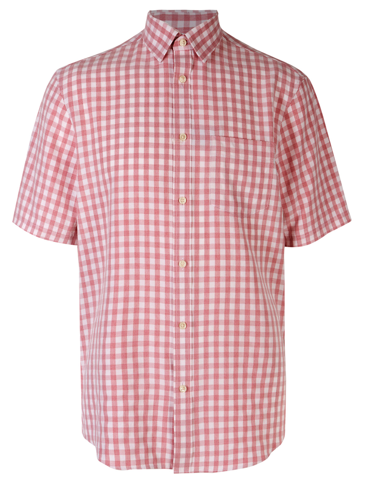 Marks And Spencer Mand5 Mens Soft Coral Pure Cotton Checked Short Sleeve Shirt Size Large To