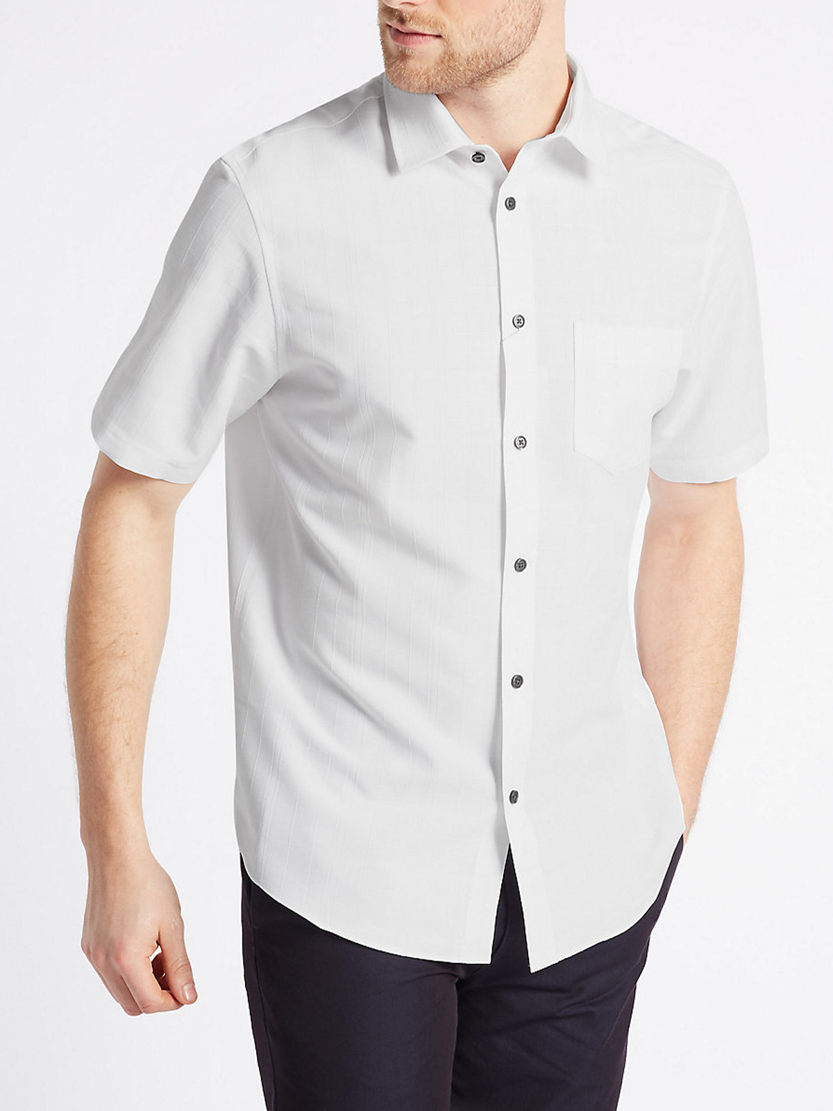 Marks and Spencer - - M&5 Mens WHITE Pure Cotton Short Sleeve Checked