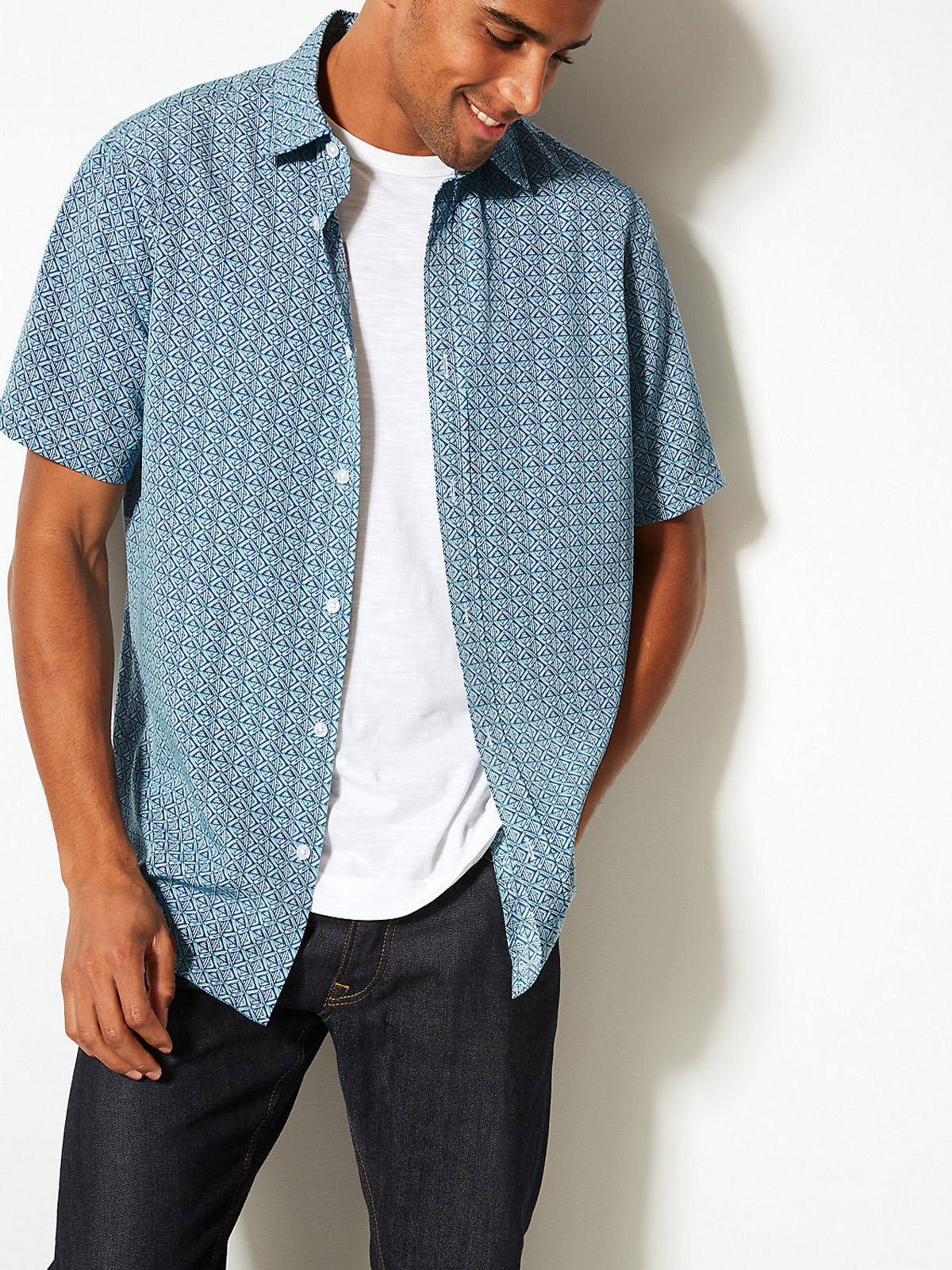 Marks and Spencer M&5 TEAL Pure Cotton Short Sleeve Printed Shirt