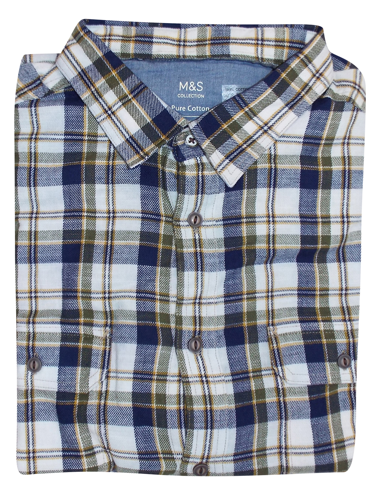 Marks and Spencer - - M&5 BLUE Mens Pure Cotton Checked Shirt with ...