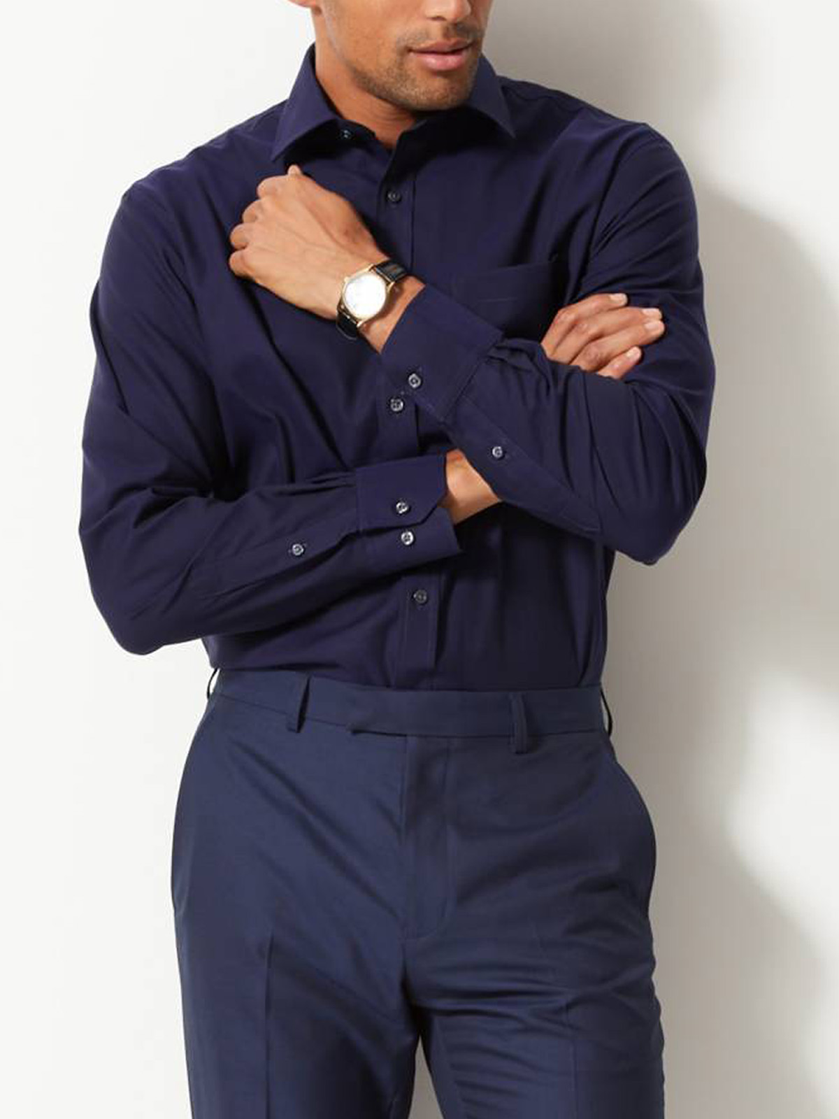 Marks and Spencer - - M&5 NAVY Pure Cotton Non-Iron Regular Fit Shirt 