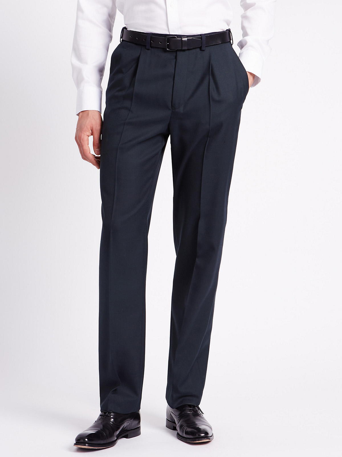Marks and Spencer - - M&5 NAVY Mens Single Pleat Trousers with Wool ...