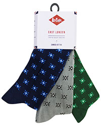 Lee Cooper BLUE/GREY/GREEN Mens 3-Pack Cotton Printed Socks