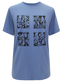 BLUE Mens Combed Cotton Slogan Grid Crew Neck T-Shirt - Size M to L