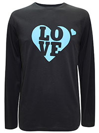 BLACK Mens Combed Cotton 'Love' Heart Long Sleeve T-Shirt - Size S to M