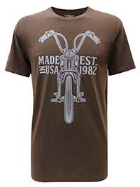 BROWN Mens Combed Cotton Motorbike Print T-Shirt - Size XS to XL