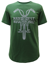 GREEN Mens Motorbike Print Curved Hem T-Shirt - Size M to L