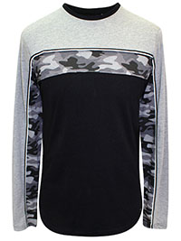 GREY/BLACK Mens Colourblock Camo Full Sleeve T-Shirt - Size XXS to XXL