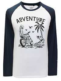 WHITE Mens Cotton 'Adventure' Print Raglan Sleeve T-Shirt - Size XS to XXL