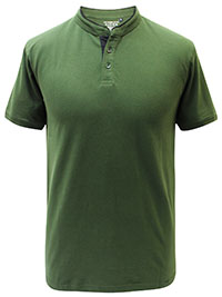 DARK-GREEN Mens Mandarin Collar Contrast Trim T-Shirt - Size M to XXL