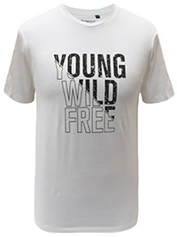 WHITE Mens Combed Cotton 'Young Wild Free' Crew Neck T-Shirt - Size XS to XXL