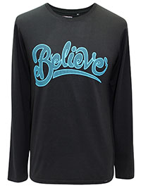 BLACK Mens Combed Cotton 'Believe' Slogan Long Sleeve T-Shirt - Size S to XXL