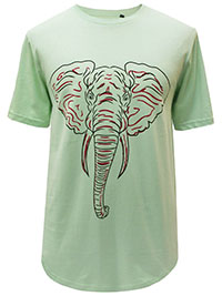 PALE-GREEN Mens Cotton Elephant Graphic Print Curved Hem T-Shirt - Size XXS to XL