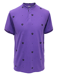PURPLE Mens Mandarin Collar Combed Cotton Printed Polo Shirt - Size S to XL