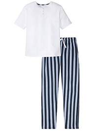 WHITE Mens Pure Cotton Striped Pyjama Set - Size S to XL