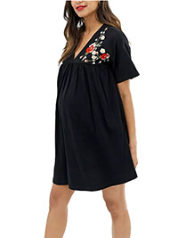 BLACK Pure Cotton Floral Embroidered Maternity Smock Dress - Size 6 to 18