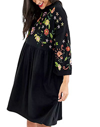 BLACK Pure Cotton Floral Embroidered 3/4 Sleeve Maternity Smock Dress - Size 8 to 18