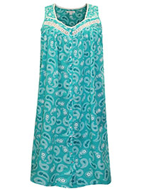 TURQUOISE Aquamarine Paisley Sleeveless Button Front Night Gown - Plus Size 20/22 to 32/34 (L to 3X)