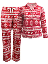 RED Pure Cotton Reindeer Fair Isle Print Flannel Pyjama Set - Size 6 to 30/32 (XS to 4X)