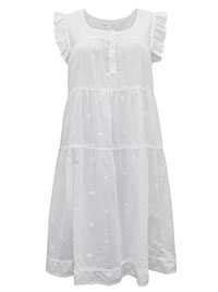 TWC WHITE Pure Cotton Jacquard Tiered Nightdress - Size 4/6 to 18 (XS to XL)