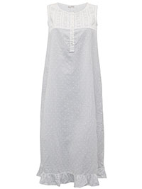 WHITE Pure Cotton Sleeveless Dobby Nightdress - Size 8 to 26