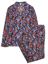 BLUE/ORANGE Butterfly Print Button Through Pyjama Set - Size 8 to 20