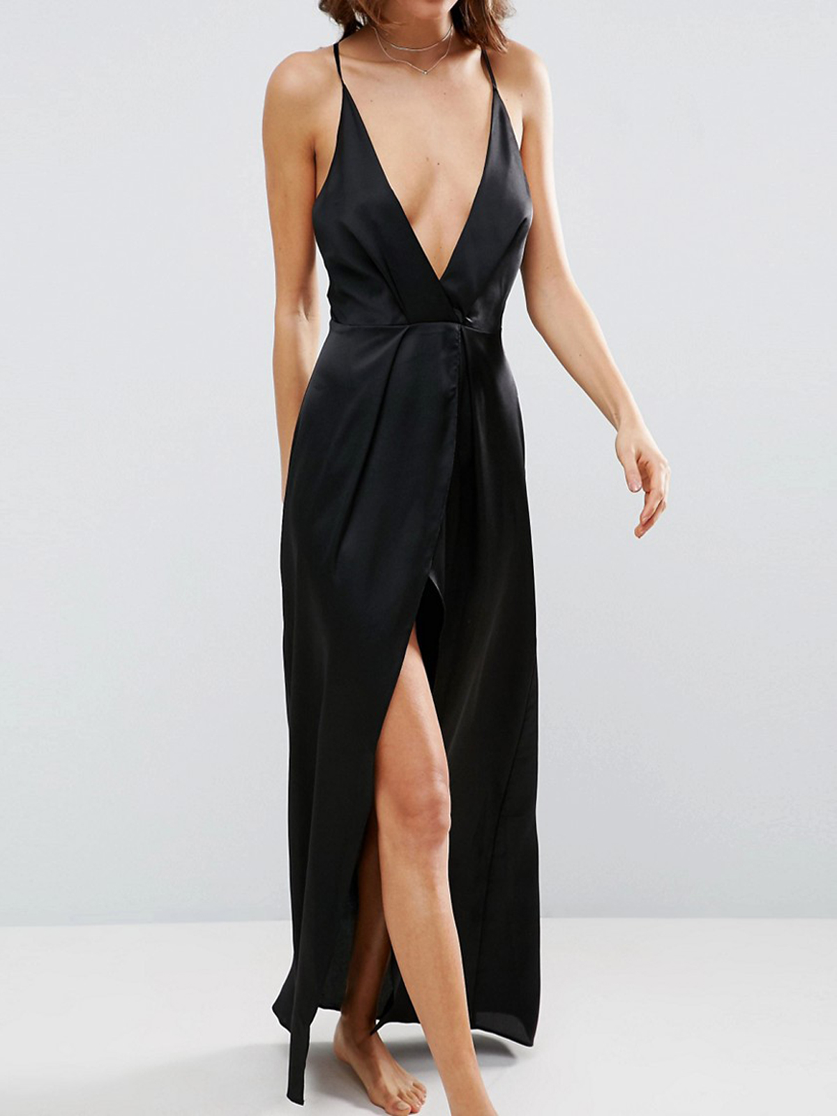 IRREGULAR- ASOS BLACK Strappy Dipped Hem Satin Dress - Size 4 to 18