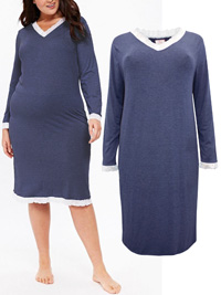 Denim BLUE V-Neck Lace Trim Long Sleeve Nightdress - Plus Size 14/16 to 26/28