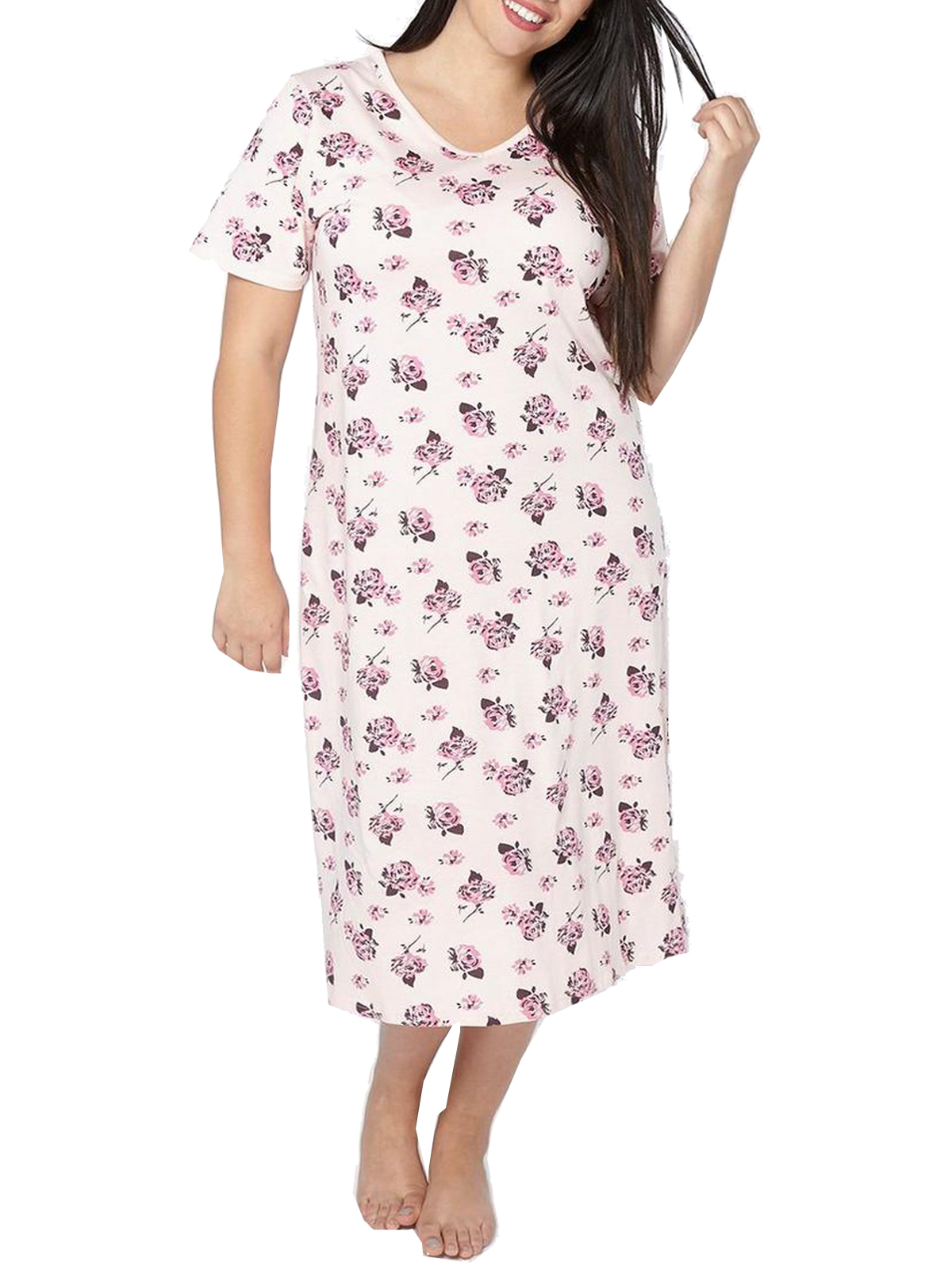 PINK Pure Cotton Rose Print Short Sleeve Nightdress - Plus Size 14/16 to 3