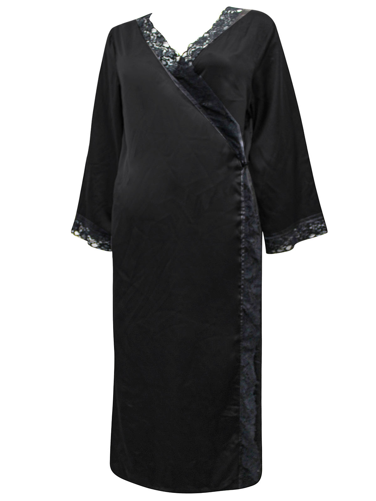 Splendour Splendour BLACK Satin Lace Border Dressing Gown NO BELT