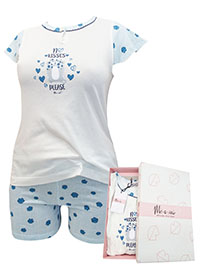 Italian Mi-a-mi BLUE Pure Cotton Flutter Sleeve Shortie Pyjama Set - Size 10 to 20 (EU 42 to 52)