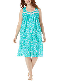 TURQUOISE Aquamarine Paisley Sleeveless Button Front Night Gown - Plus Size 16/18 to 28/30 (US L to 2X)