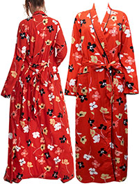 Long Tall RED Pure Cotton Floral Print Long Robe - Size S