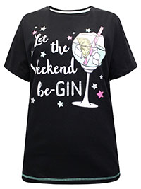 BLACK Pure Cotton 'Let The Weekend Be-GIN' Pyjama Top - Plus Sizer 16/18 to 24/26