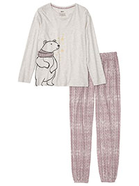 GREY Cotton Rich Polar Bear Pyjama Set - Size 10/12 to 30/32 (S to 3XL)