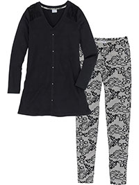 BLACK Pure Cotton Lace Print Pyjama Legging Set - Size 10/12 to 30/32 (S to 3X)
