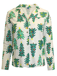 IVORY/GREEN Pure Cotton Oh Christmas Tree Print Flannel Pyjama Top - Size 6 to 22/24 (XS to 2X)