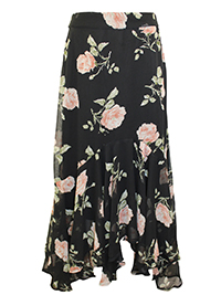 BLACK Floral Print Fluted Hanky Hem Maxi Skirt - Plus Size 12 to 20