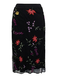 BLACK Floral Embroidered Mesh Overlay Skirt - Size 10 to 24 (S to 3X)