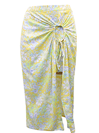 YELLOW Floral Print Linen Midi Skirt with O-Ring Detail - Size 10 to 16