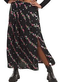 BLACK Floral Print Side Split Midi Skirt - Plus Size 22 to 24