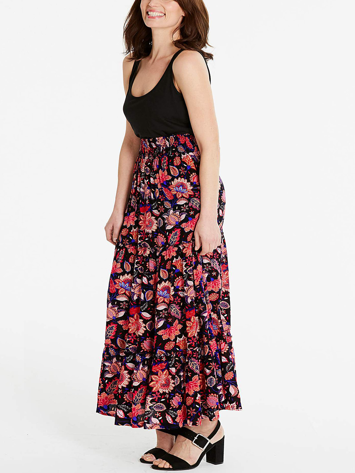 Capsule - - Capsule BLACK Floral Print Shirred Waist Crinkle Maxi Skirt ...