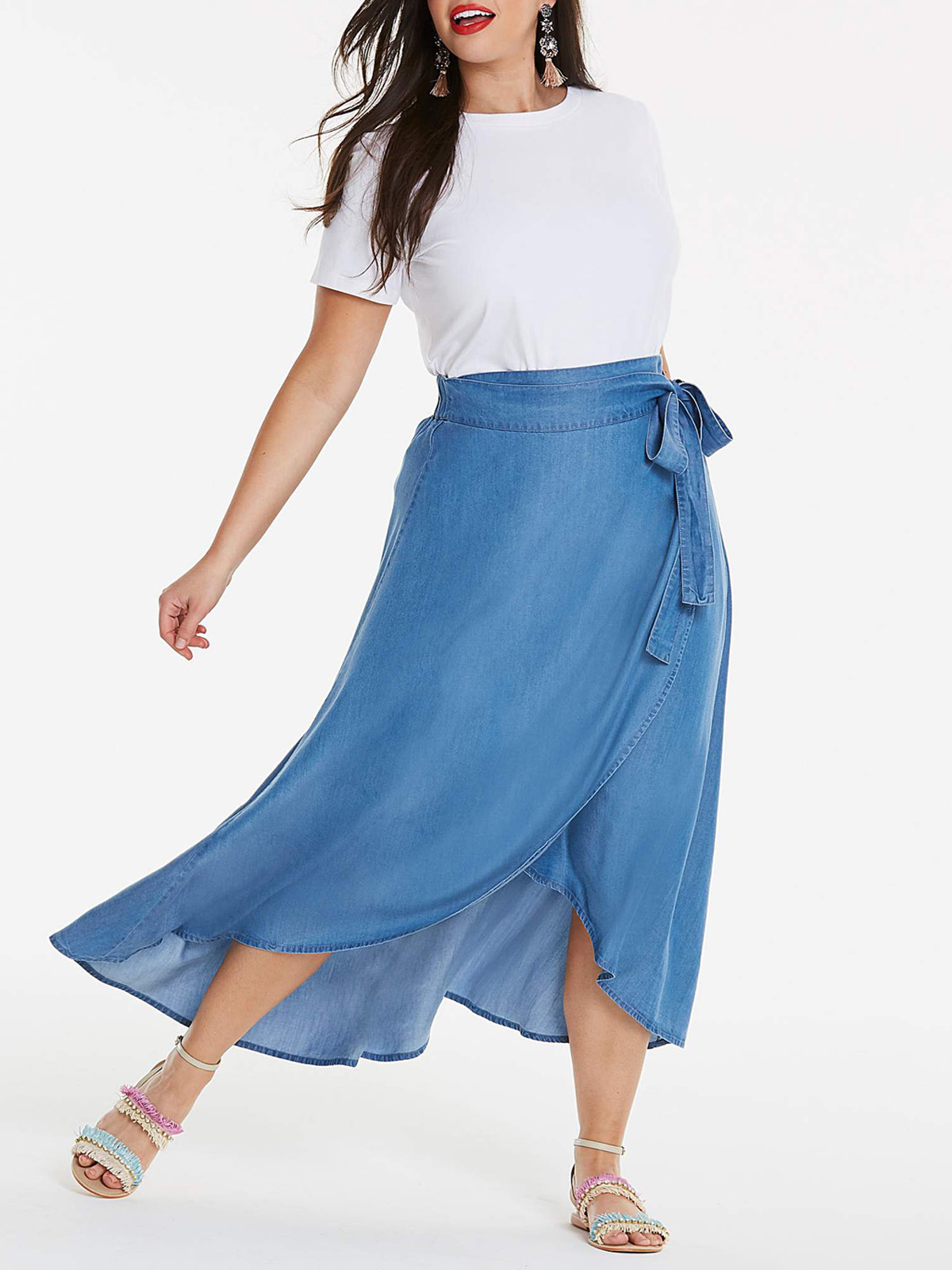 Plus Size Wholesale Clothing By Simply Be Simplybe Mid Blue Soft Tencel Denim Floaty Wrap 8864