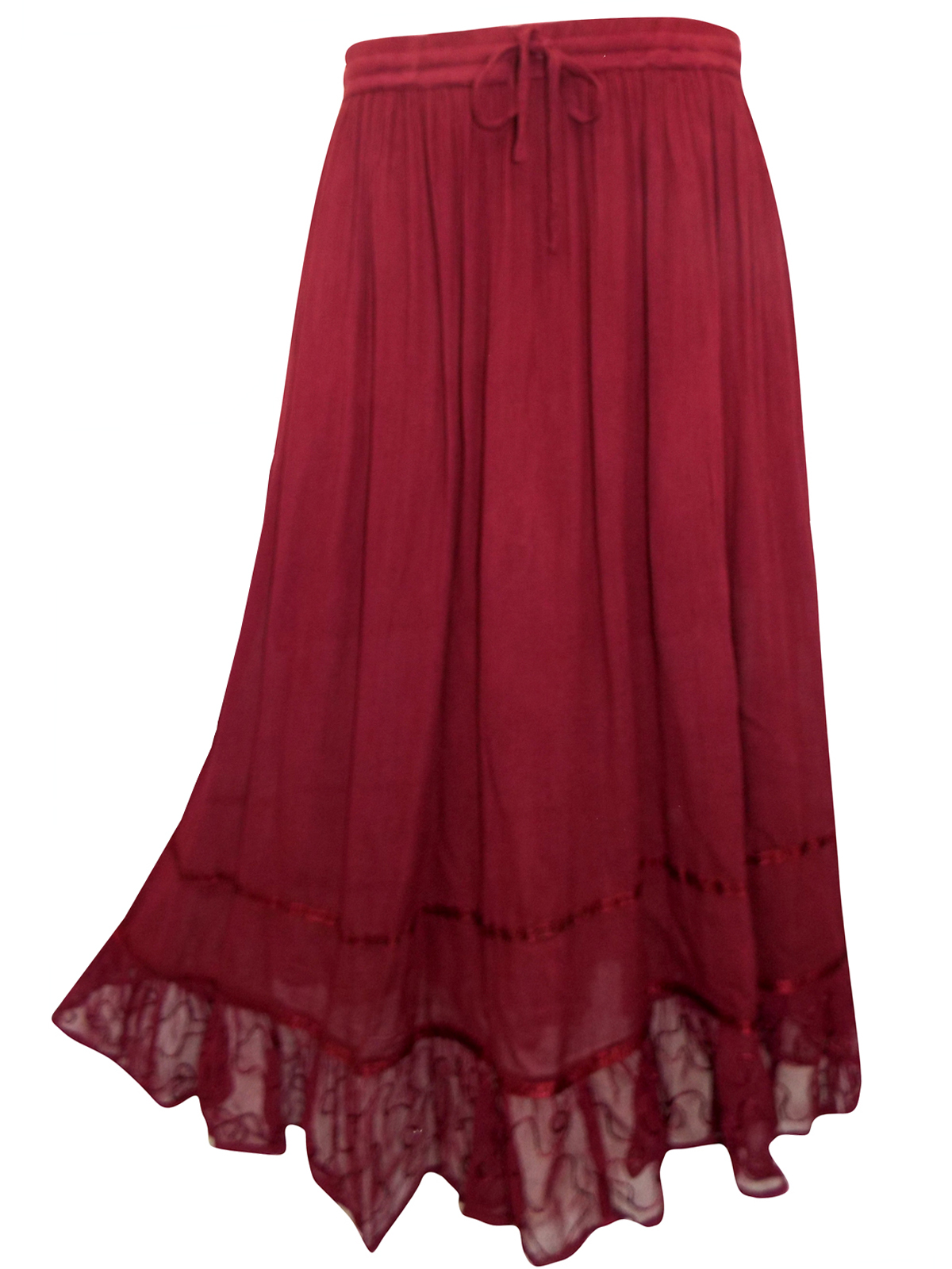 eaonplus BURGUNDY Crinkle Ribbon Trimmed Chiffon Flounce Hem Skirt ...