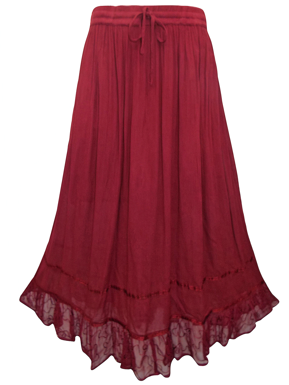 eaonplus BURGUNDY Crinkle Ribbon Trimmed Chiffon Flounce Hem Skirt ...