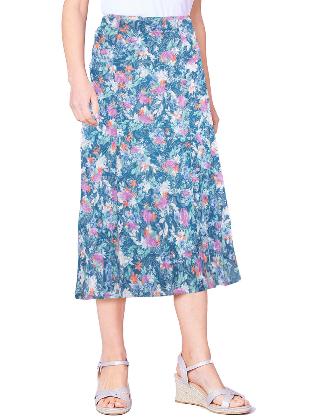 Cotton Traders BLUE Printed Burn Out Midi Skirt - Size 10 to 26